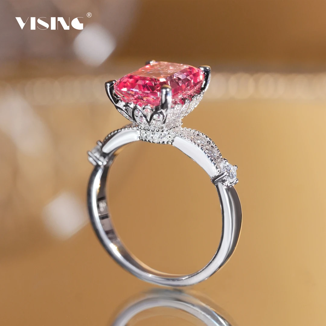 培育蓝宝石VISING珠宝帕帕拉恰4.3克拉戒指粉宝石s925银镀金