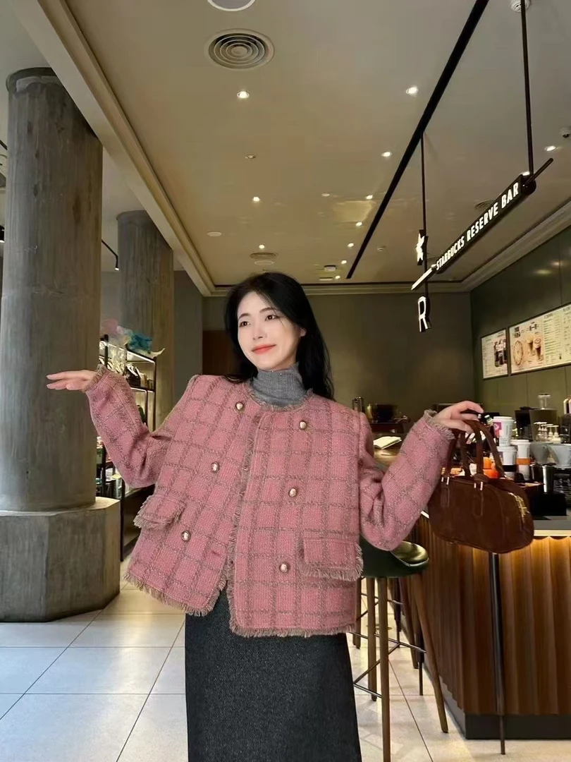 INLIFE 法式小香风流苏短款格纹 羽绒服9207