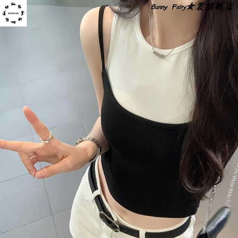 精品复古假两件设计感吊带背心女夏2025新款无袖运动外穿上衣