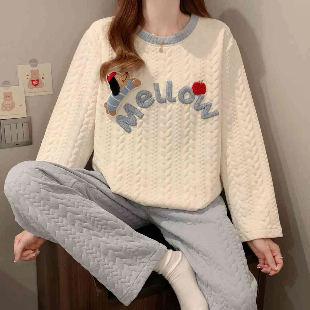 睡衣女款保暖空气棉夹层加厚卡通可爱春秋冬季长袖休闲家居服套装
