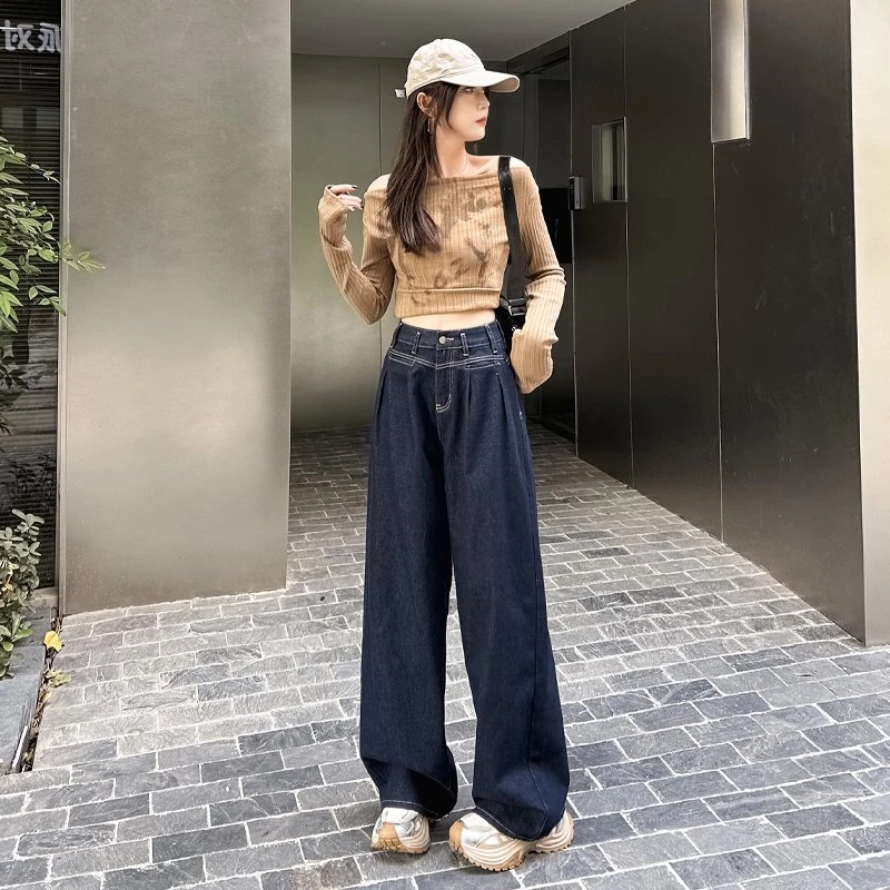 Y907高街筒染阔腿牛仔裤女春夏新款欧货垂感直筒宽松休闲拖地长裤