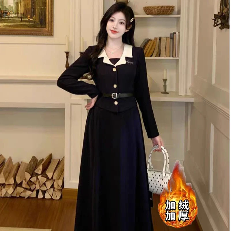 （芸品专属）长袖连衣裙秋收腰显瘦A字长裙胖MM小众黑色气质裙1686