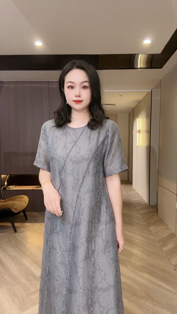 天丝麻银灰钉珠圆领印花复古气质连衣裙m112