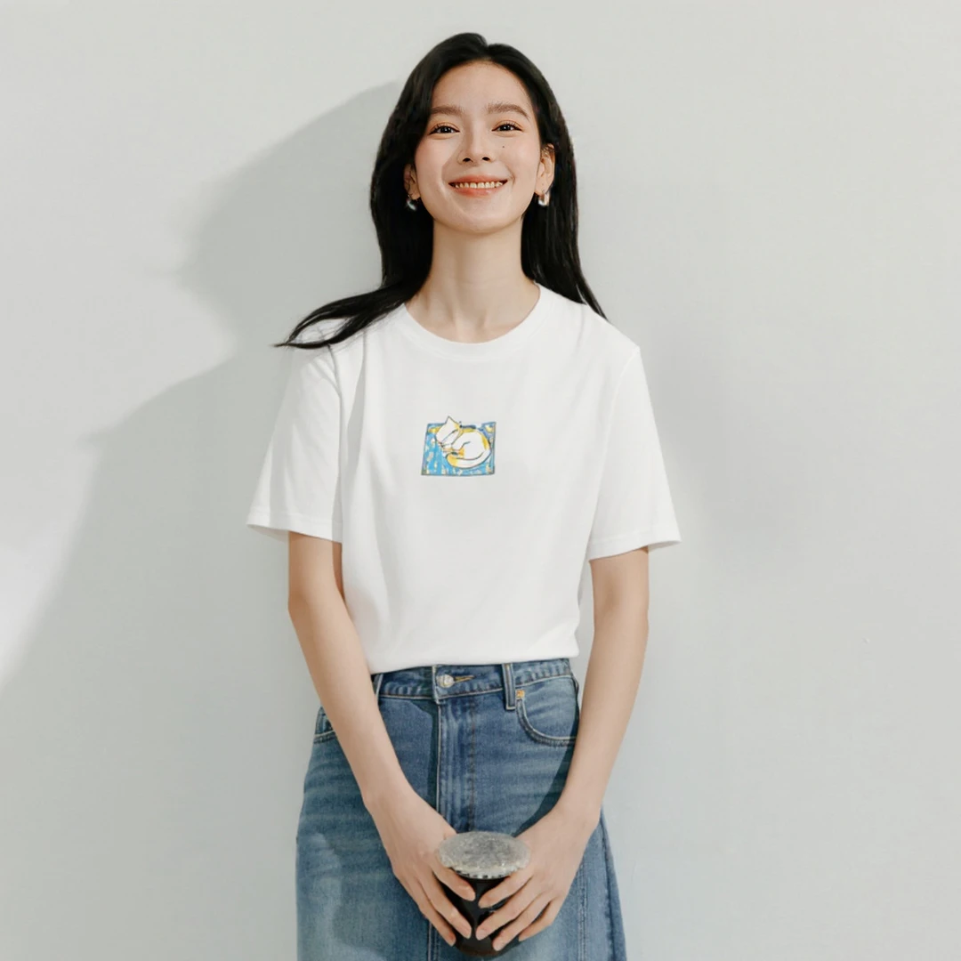 茵曼纯棉舒适萌宠印花短袖白T恤2025夏季宽松显瘦百搭休闲上衣女
