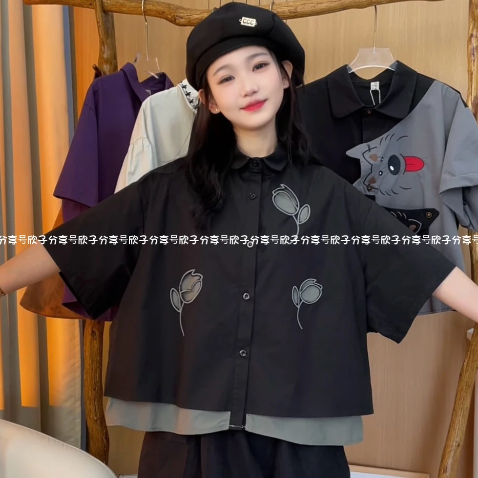 XZ “郁香小姐”复古双层镂空郁金香刺绣棉质短袖衬衫设计感气质