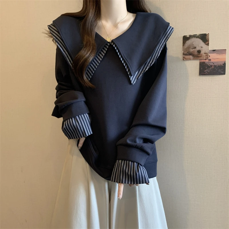 大码女装遮肚子设计感海军领假两件卫衣女春秋胖妹妹宽松显瘦上衣