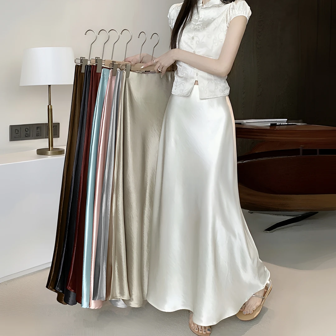 杏色醋酸缎面鱼尾裙半身裙女夏季高腰垂坠感包臀裙高级气质长裙子