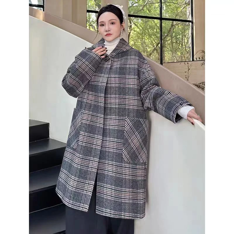 2025冬格子气质双面羊毛女长款宽松戴帽大衣