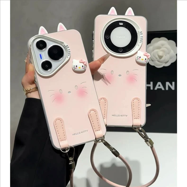 适用苹果16/17ins风简约线条kitty挂绳壳华为pura80pro小米15/14