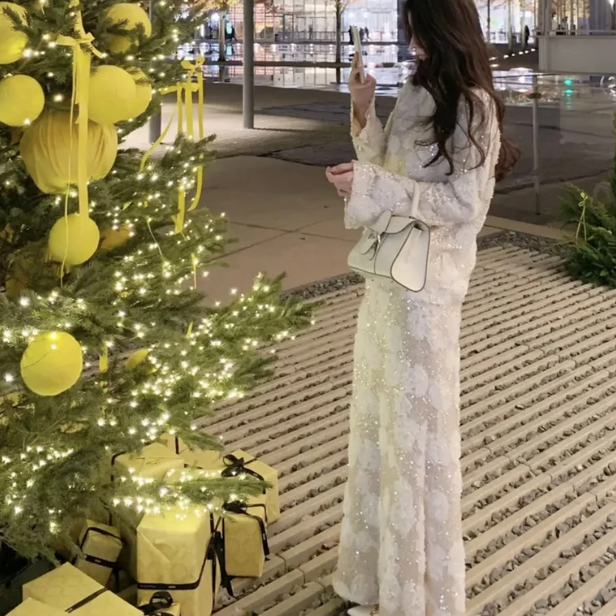 YYZ 【雪落鎏金】年会战衣 满身盘绣底重工珠片绣花奢贵感简约套装
