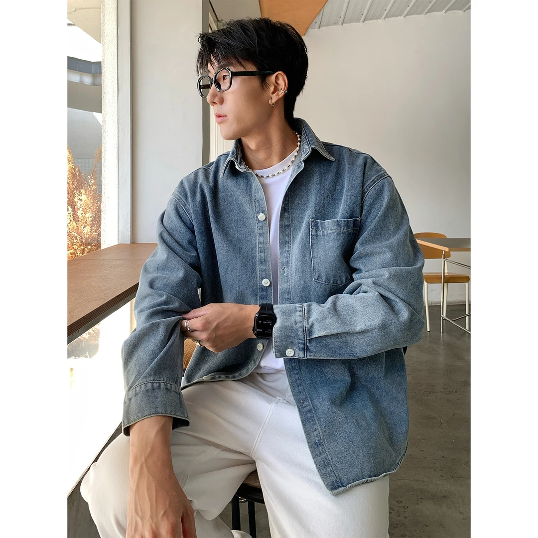 复古原牛长袖衬衫男生秋季新款日系宽松潮牌休闲水洗牛仔衬衣外套