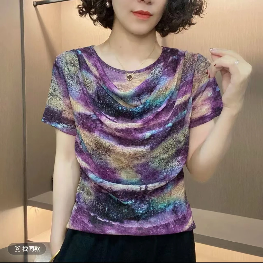 夏装时尚女装母亲节气质显瘦时尚短袖堆堆领印花百搭中老年妈妈装