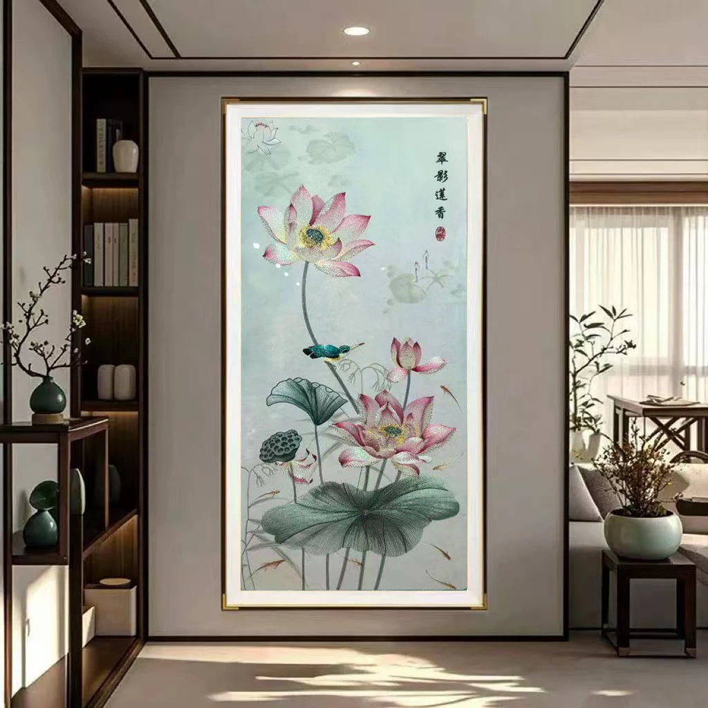 手工珠绣新中式荷花九鱼图竖版玄关客厅装饰画寓意美好