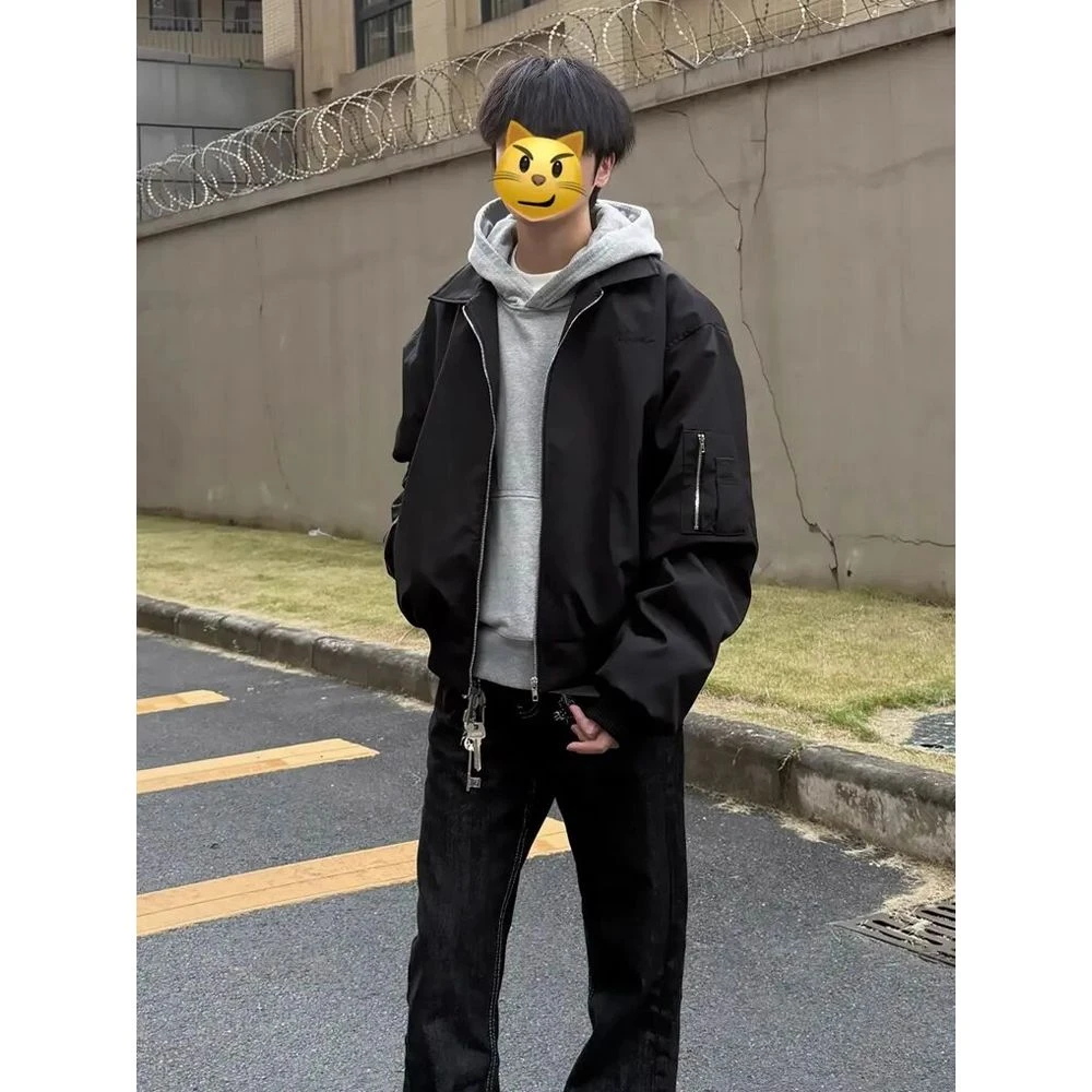 黑色bomber美式飞行夹克男秋季高级感痞帅翻领外套短款廓痞帅短款