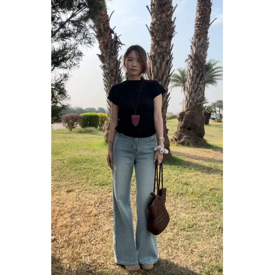 海狸定制【半高领T】修身通勤极简半高领领抽褶T恤显瘦上衣打底黑色