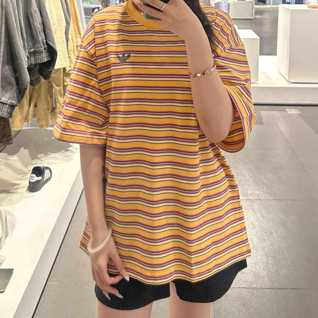 adidas/阿迪达斯撞色圆领简约条纹短袖 宽松通勤T恤KB8356