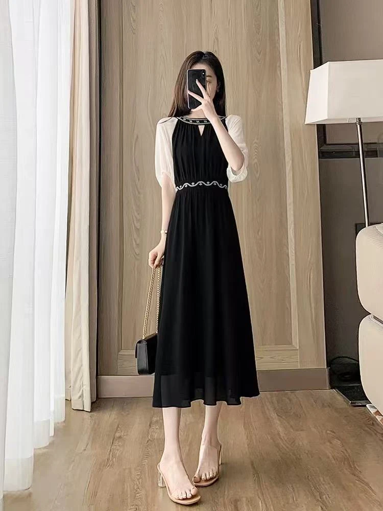 2529收身连衣裙黑色法式优雅新款夏季收腰显瘦气质a字裙子女