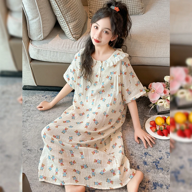 儿童睡裙2025新款女大童甜美娃娃领纯棉睡衣女童连衣裙亲子家居服