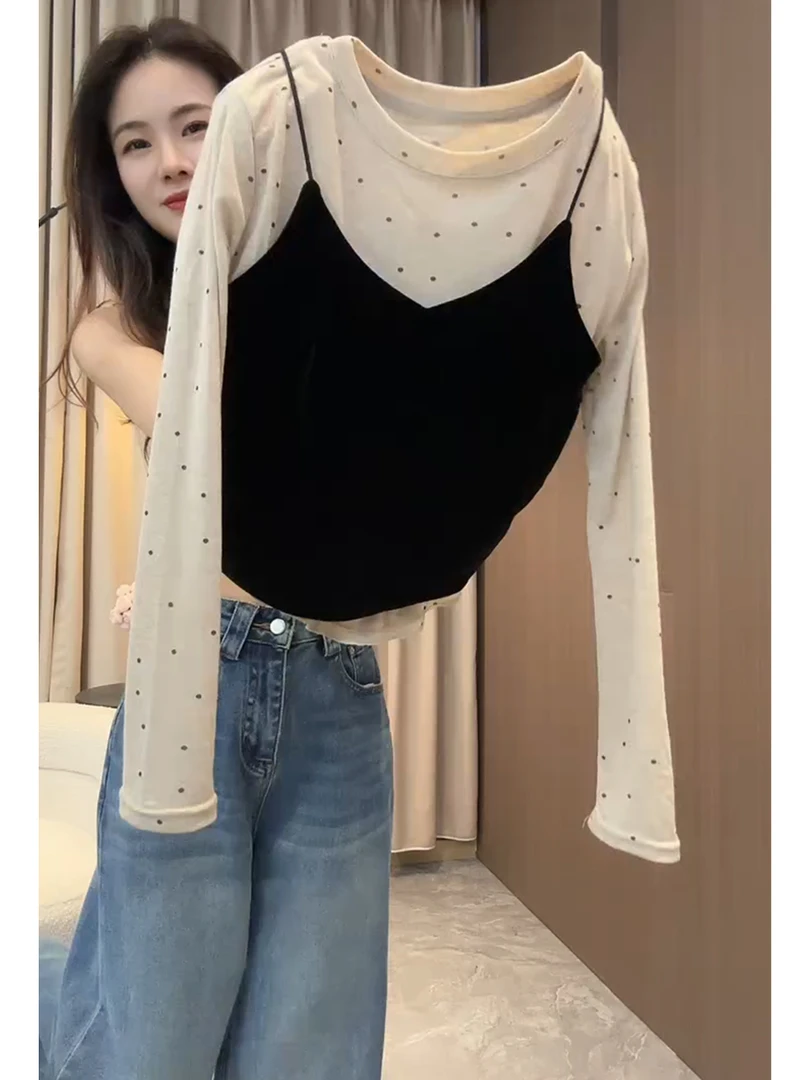 法式波点圆领长袖上衣女2025年秋季丝绒吊带背心洋气宽松两件套潮