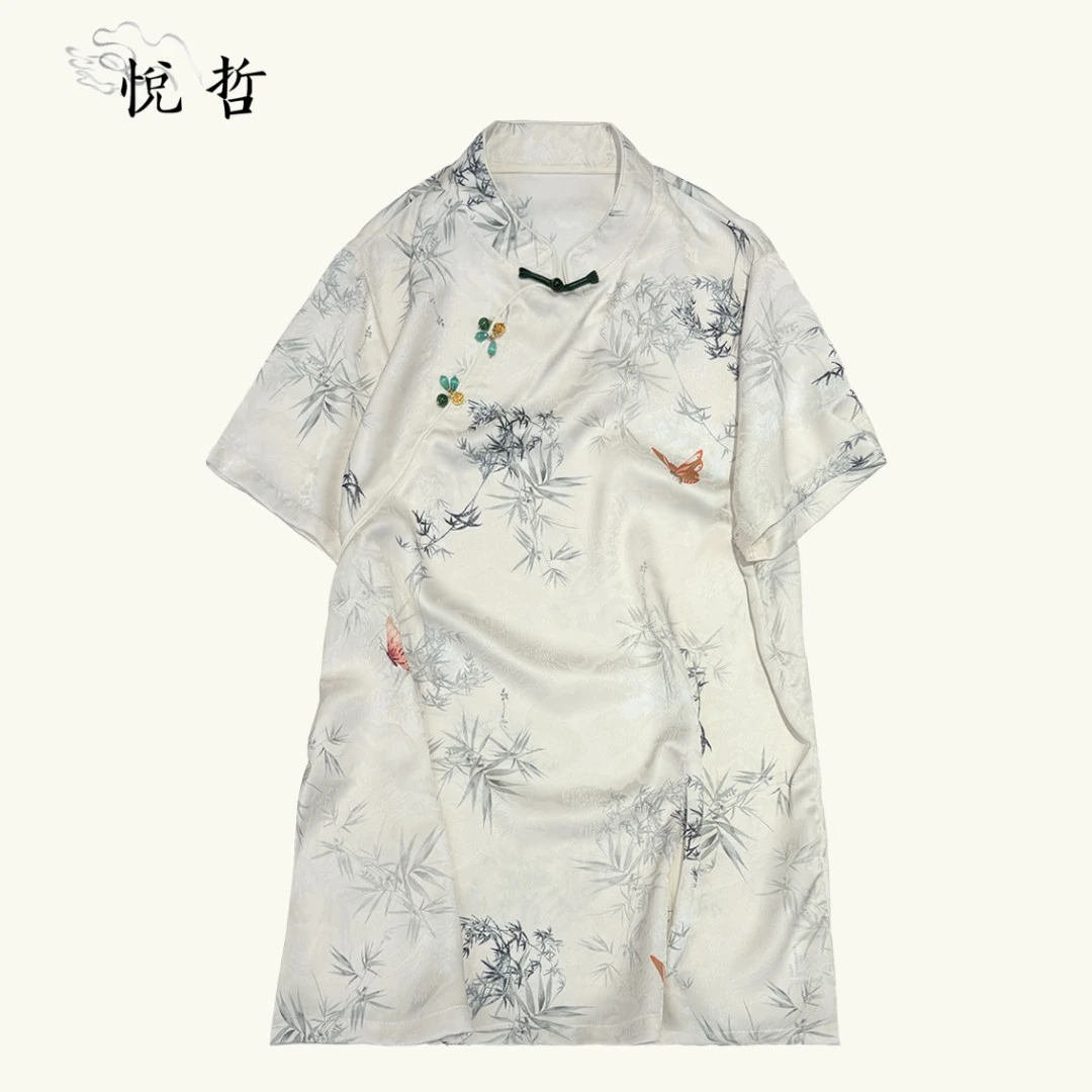 YUEZHE 新中式复古提花时尚短袖2025夏季宽松气质优雅设计衬衫