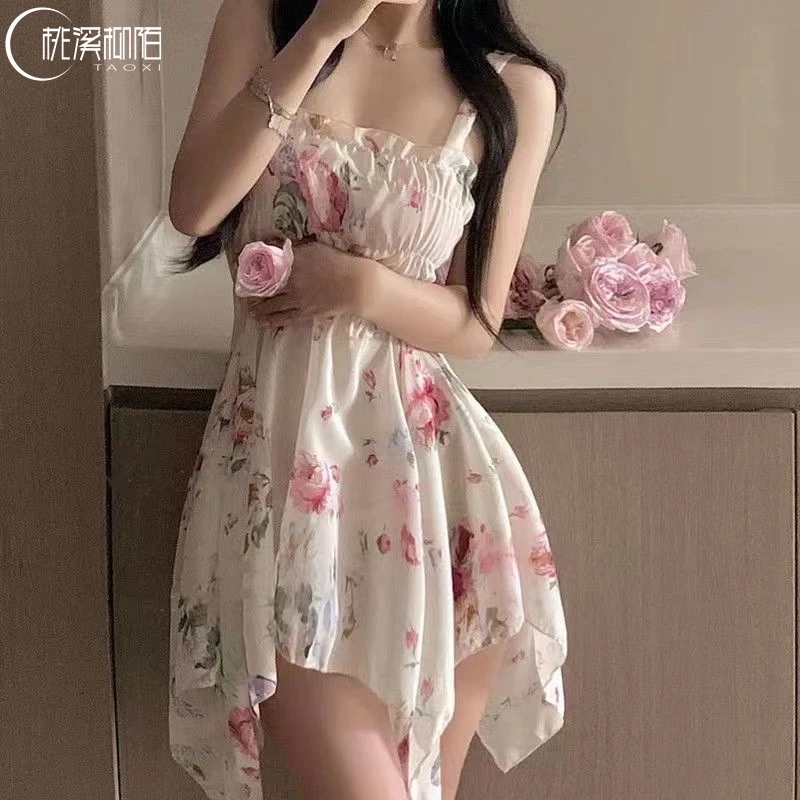 欧诗琳夏季新款法式复古拼接不规则抹胸吊带连衣裙纯欲性感碎花裙