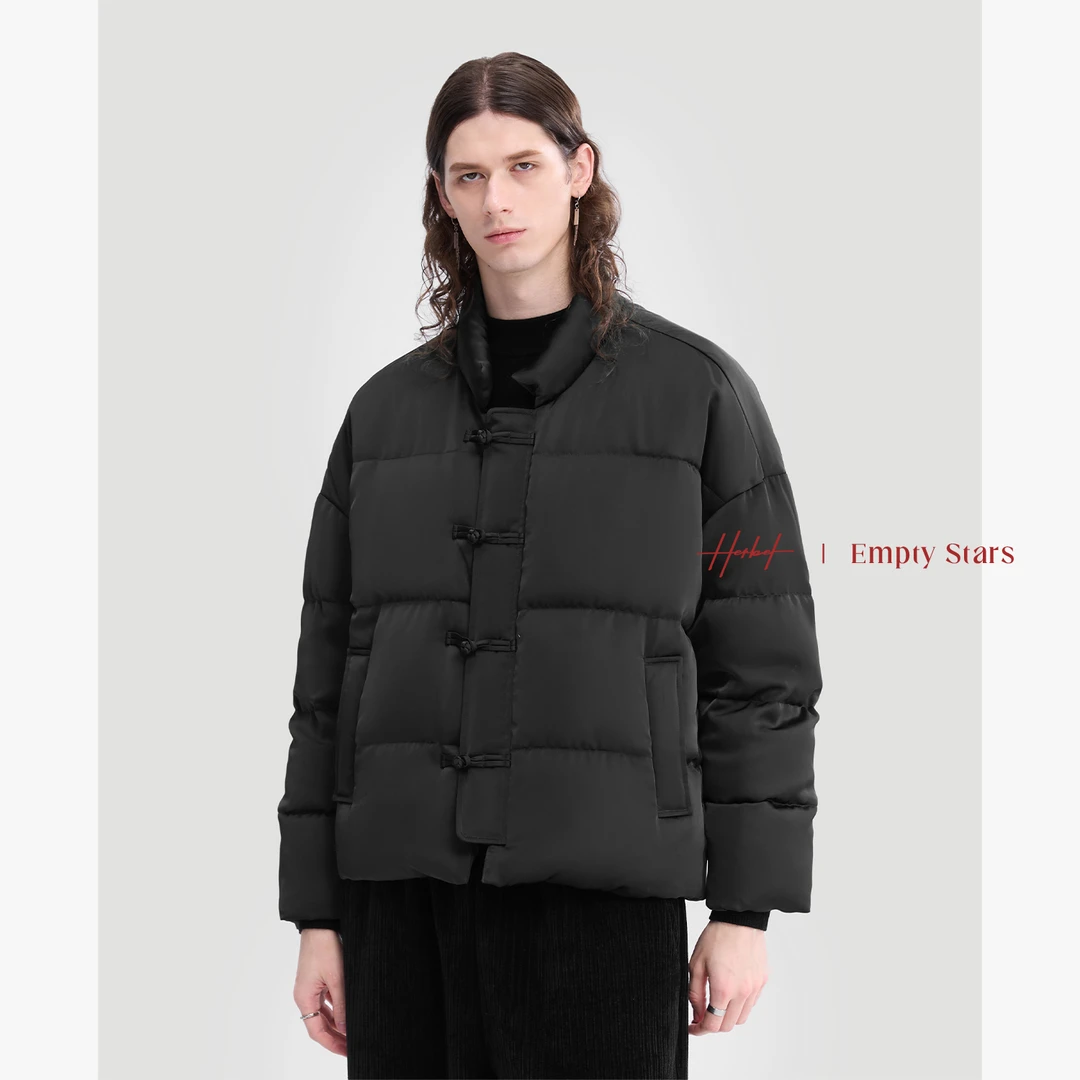 HERBEL/黑白冬季男士中式排扣羽绒服保暖加厚短款