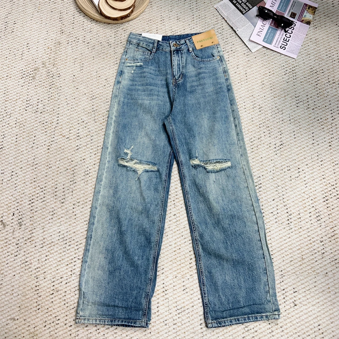 2025夏季新款百搭破洞牛仔裤阔腿直筒休闲裤4164