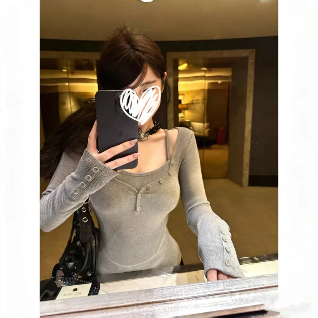 解构天分 设计感假两件修身长袖打底衫女收腰内搭上衣D1104