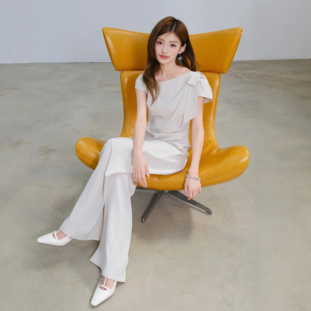 【现货】MIUCO短袖斜领蝴蝶结上衣+高腰直筒长裤套装T9470P4710