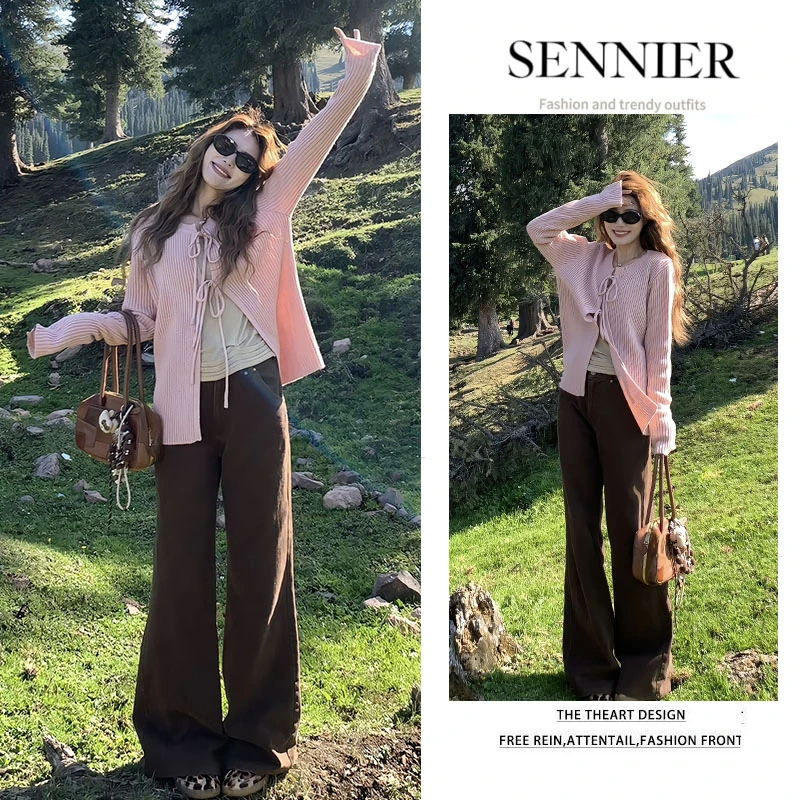 早秋穿搭一整套2025新款洋气减龄系带针织开衫高腰阔腿裤三件套装