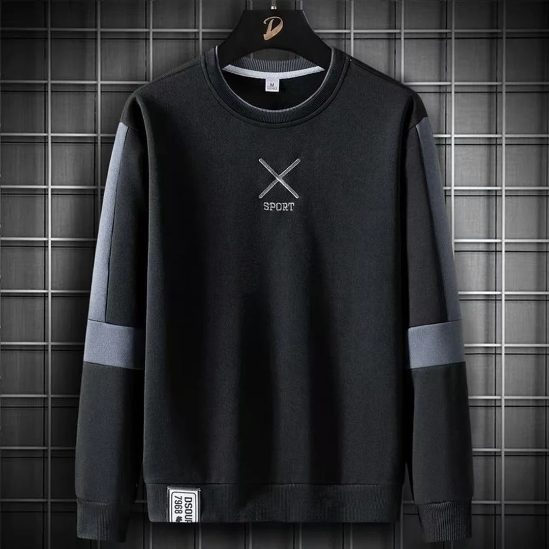 圆领秋冬拼接男士条纹印花卫衣上衣男装加绒韩版宽松-35