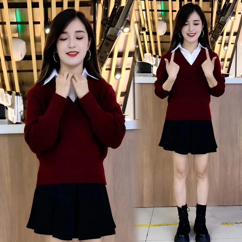 2025年春秋新款设计感衬衫领拼接针织衫女时尚百搭宽松假两件毛衣