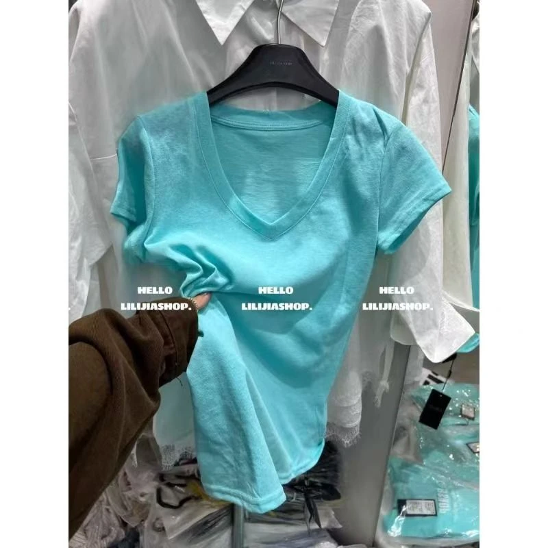 正肩短袖t恤女上衣韩国东大门夏季新款韩版时尚设计感V领百搭显瘦