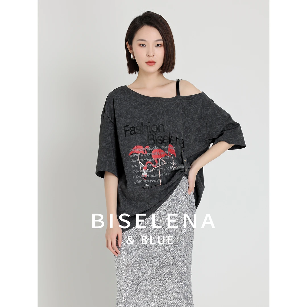 火烈鸟趣味印花斜肩露肩T恤上衣2025年夏商场同款