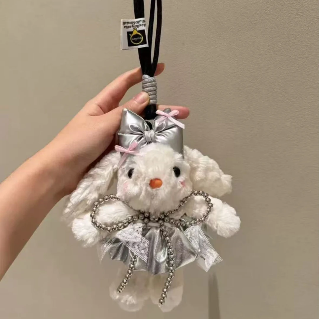 新款垂耳兔透纱蝴蝶结公主裙长耳兔可爱卡通手机背夹斜跨毛绒公仔
