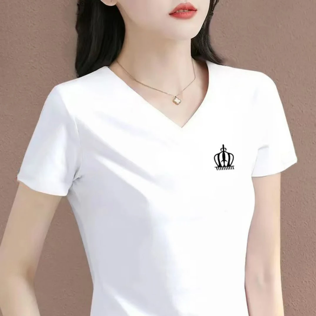 春夏季V领短袖T恤流行款上衣宽松休闲白色打底T恤上衣