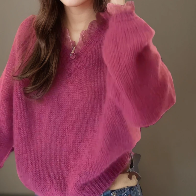 洋气设计感蕾丝拼接长袖针织衫气质女人味毛衣LK2508422