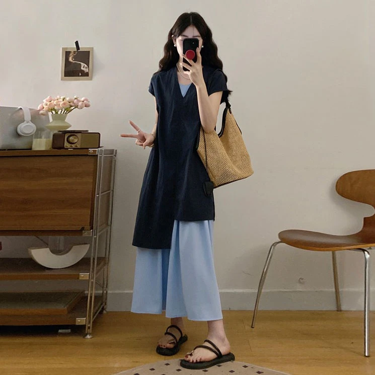 中长款不规则背心吊带连衣裙两件套大码胖mm高级感宽松显瘦套装裙