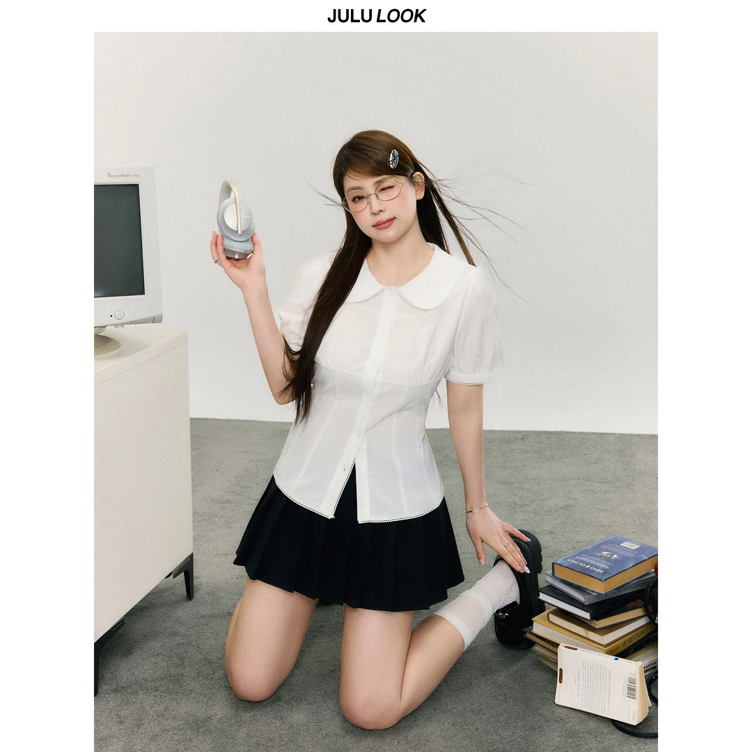 巨鹿工作室“轻法式浪漫”微胖mm娃娃领收腰显瘦短袖衬衫大码上衣