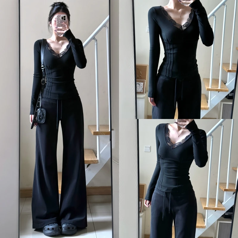 Fri11 原创设计蕾丝磨毛打底后背蕾丝v领打底内搭秋冬修身长袖t恤