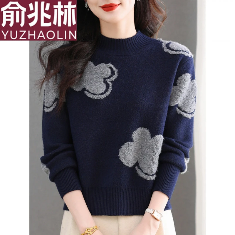俞兆林2026秋冬新款半高领提花羊毛衫女时尚洋气短款妈妈