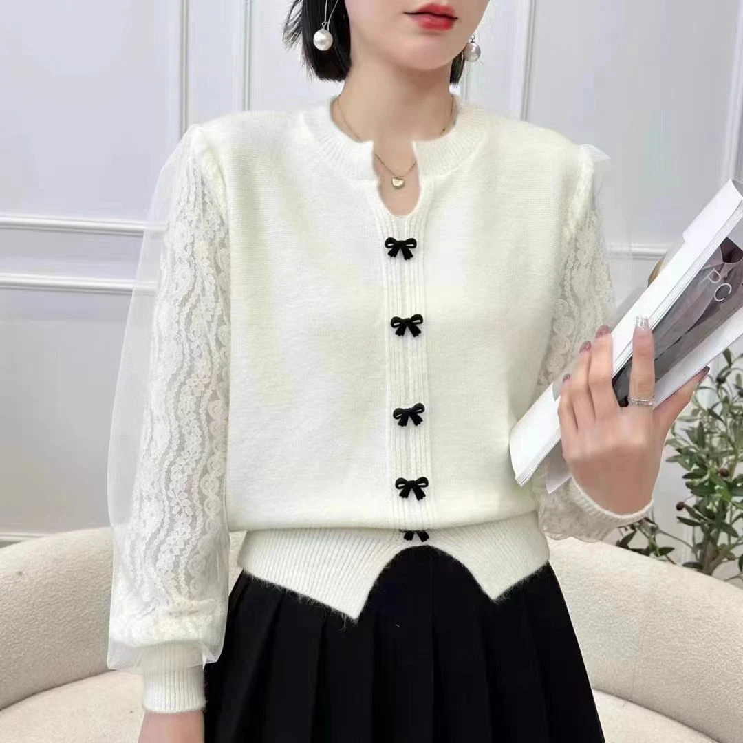 蝴蝶结V领高级氛围感针织衫复古盘扣拼接蕾丝打底衫年轻气质百搭
