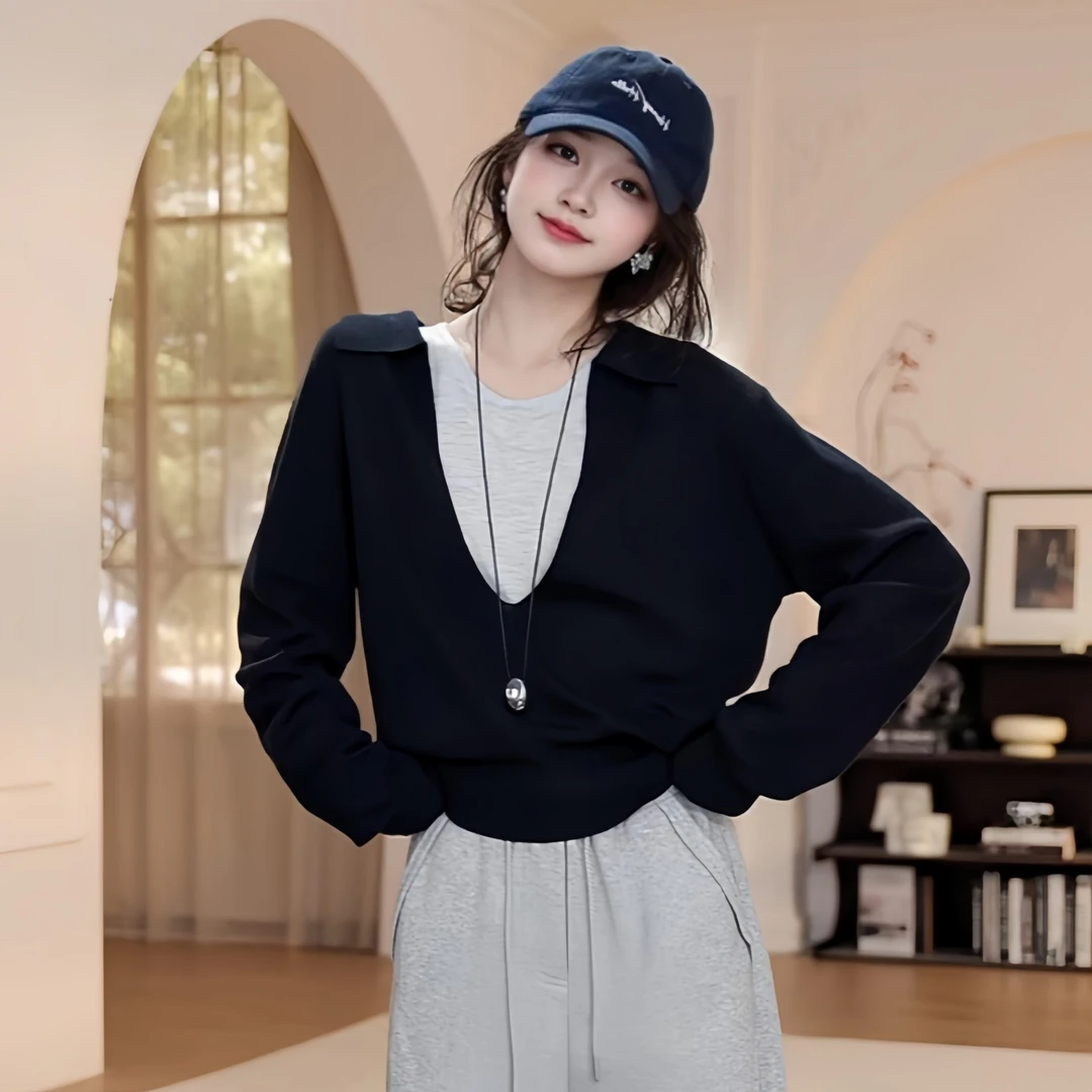 假两件拼接V领针织衫女2025秋季大码胖MM韩版宽松显瘦百搭上衣潮