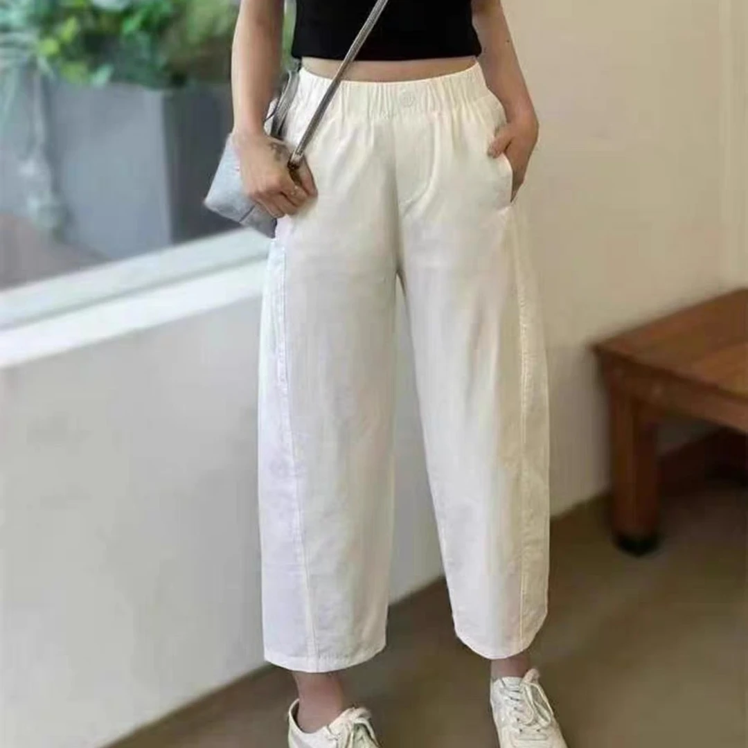 5928松紧腰直筒休闲裤2025夏季新款小个子显瘦九分裤百搭哈伦裤