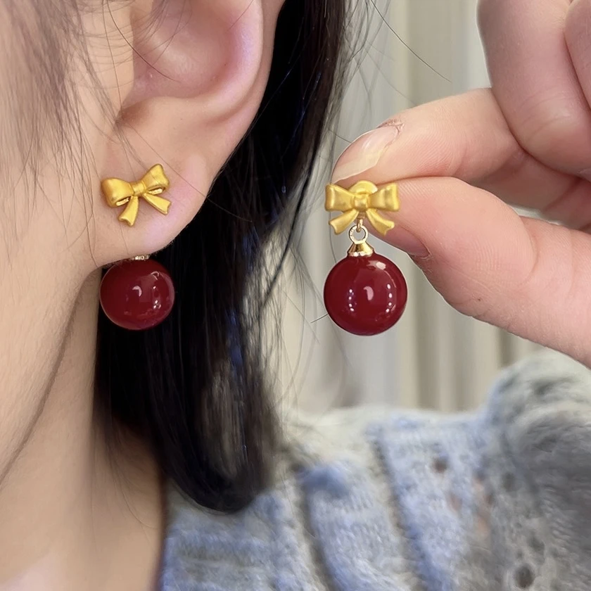 微莲 非金属仿珍珠耳饰 2025年新款安哥拉红色蝴蝶结赫本珠耳钉