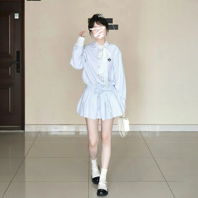 学院风蝴蝶结条纹衬衫连衣裙子女春秋2025新款小个子早秋气质穿搭