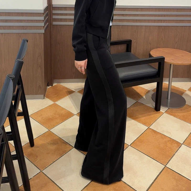 uti联名款黑色双层字母直筒裤女 百搭垂感休闲裤春季新款