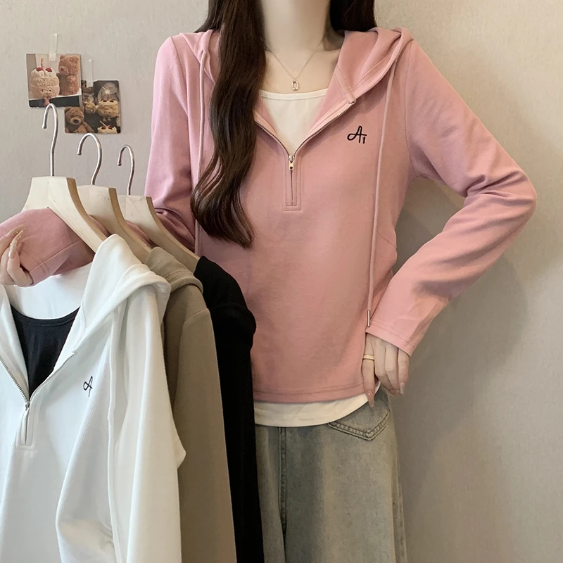 哺乳期妈妈春秋卫衣胖mm大码女撞色假两件刺绣连帽抽绳长袖上衣潮