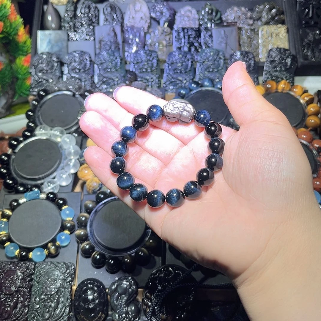 黑曜岩未镶嵌手串。**人蓝虎12m加银曜石貔犰