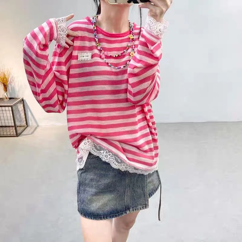 （柚子同款）SG夏款字母条纹蕾丝袖口显瘦镂空冰丝针织长袖T恤